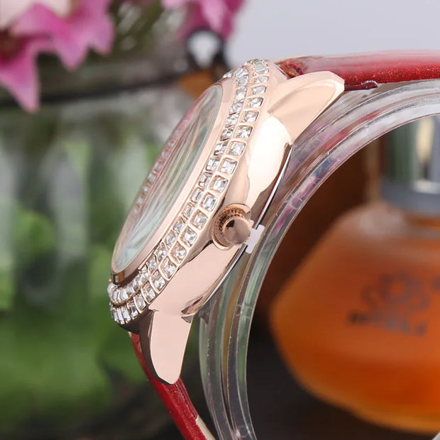 Korean Ladies Watch Colorful Rhinestones Dashi Dial Quartz Watch Casual Leather Ladies Clock Gift Relogio Feminino