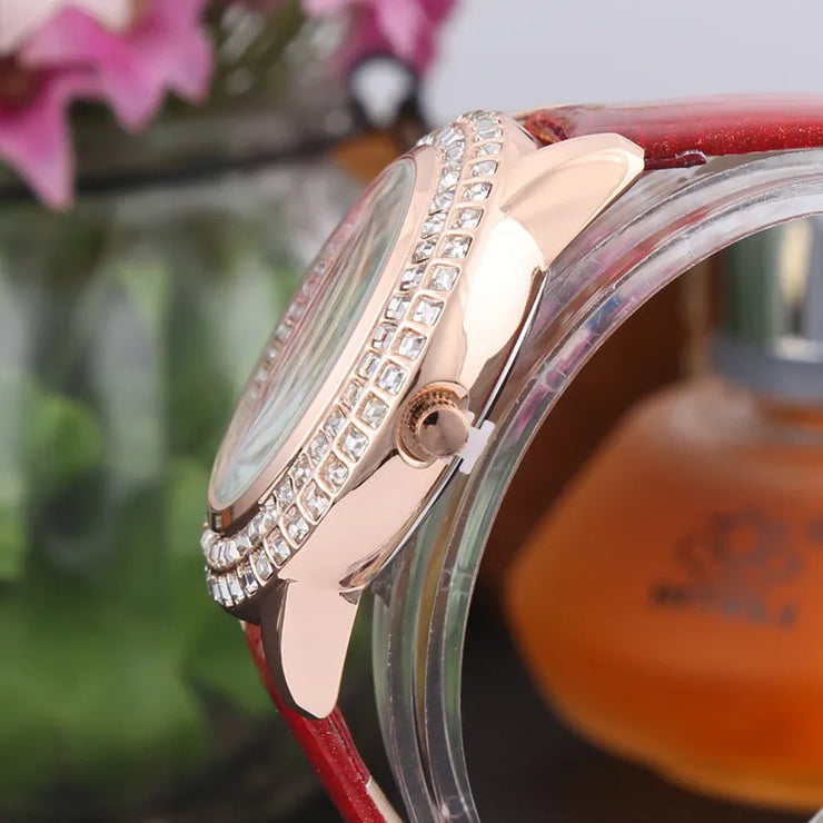 Korean Ladies Watch Colorful Rhinestones Dashi Dial Quartz Watch Casual Leather Ladies Clock Gift Relogio Feminino