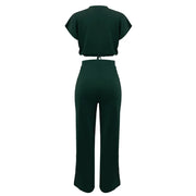 Women Casual Round Neck Drawstring Short Sleeve Top & High Waist Pants Set Summer Solid Two Piece Suit Sets Outfits Set Female