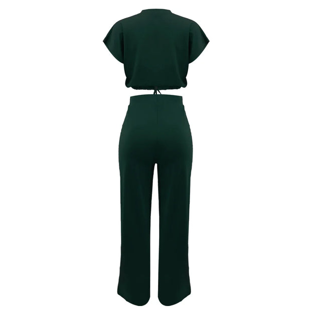 Women Casual Round Neck Drawstring Short Sleeve Top & High Waist Pants Set Summer Solid Two Piece Suit Sets Outfits Set Female