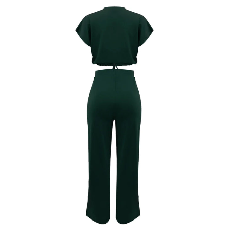 Women Casual Round Neck Drawstring Short Sleeve Top & High Waist Pants Set Summer Solid Two Piece Suit Sets Outfits Set Female