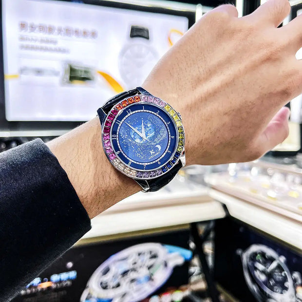 Luxury Brand Mechanical Watch for Men Rotating Star Dial Fashion Rainbow Case Automatic Watches Genuine Leather Strap Wristwatch