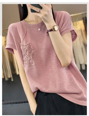 Women's T-shirt Spring/Summer Worsted Cotton Knitwear Casual Solid Color Ladies' Tops Loose Round Neck Blouse Pullover Tees