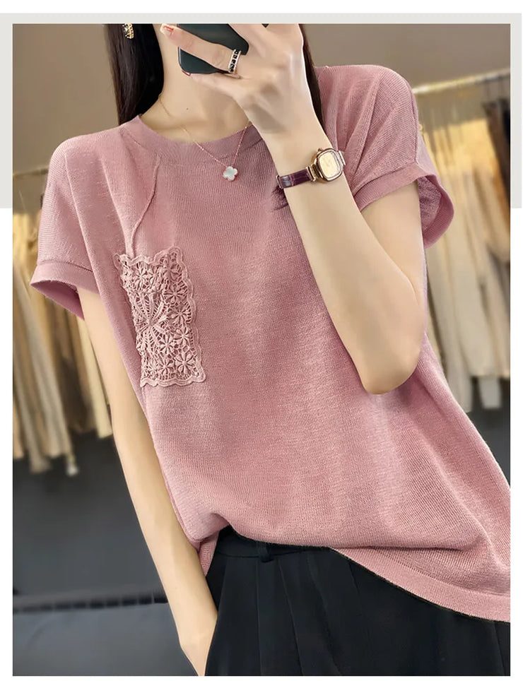 Women's T-shirt Spring/Summer Worsted Cotton Knitwear Casual Solid Color Ladies' Tops Loose Round Neck Blouse Pullover Tees