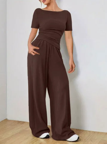 Women's Two-piece Wide Leg Pants Fashion Set Irregular Short Top Women's Clothing Yoga Exercise Set Спортивный Костюм Женский
