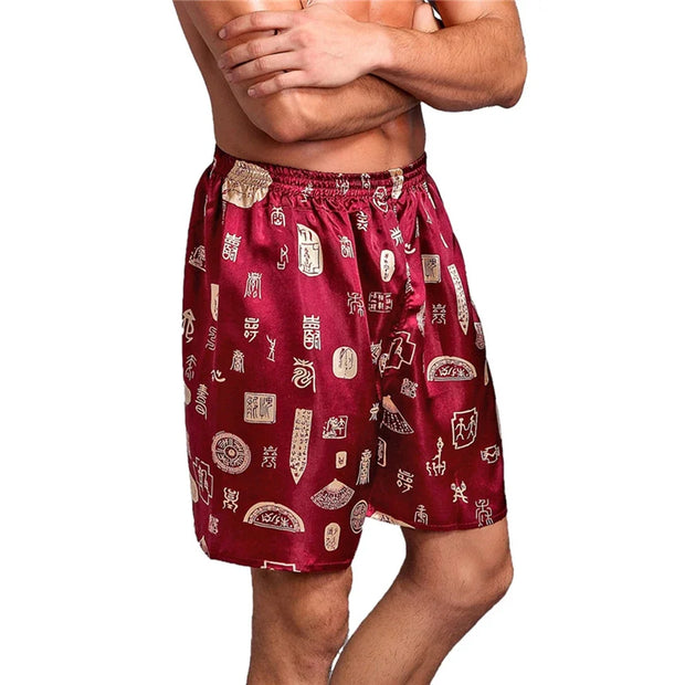 Men Sleep Bottoms Silk Satin Pajamas Casual Sleep Short Pants Printed Design Men Nightwear Pants Soft Loose Sleep Shorts Male