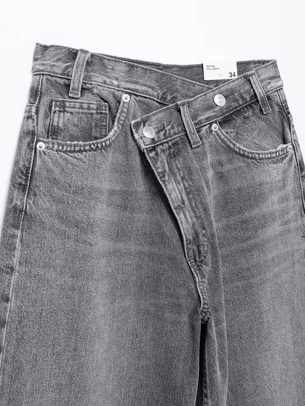 TRAF Women's Basic Hundred Jeans New Fashion Asymmetric Design High Waist Wide Leg Trousers Casual Women's Straight Leg Jeans