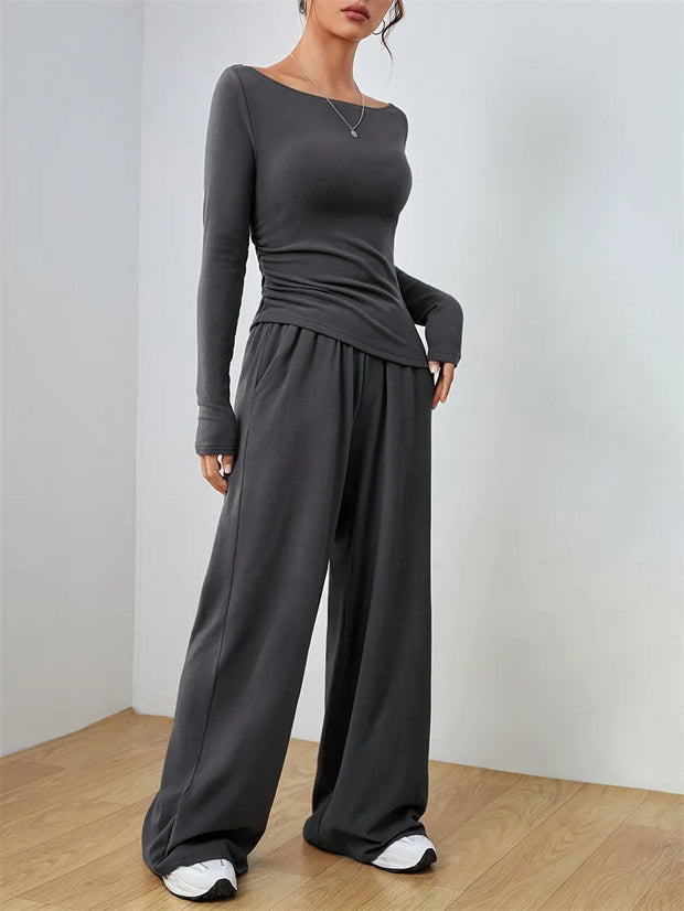 Women's Two-piece Wide Leg Pants Fashion Set Irregular Short Top Women's Clothing Yoga Exercise Set Спортивный Костюм Женский