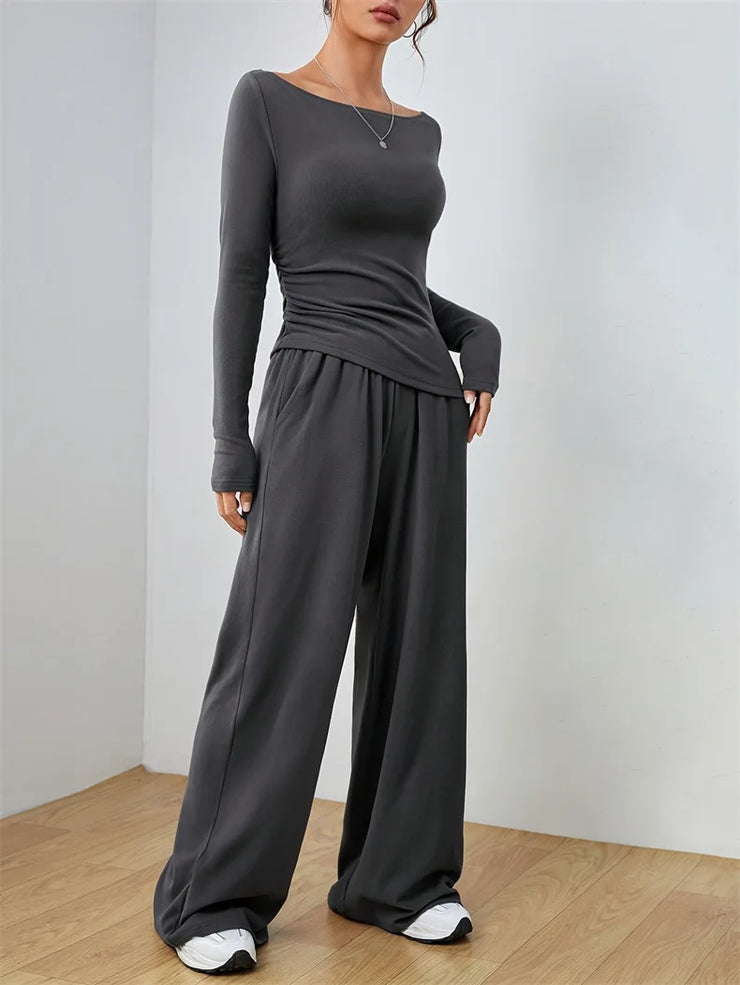 Women's Two-piece Wide Leg Pants Fashion Set Irregular Short Top Women's Clothing Yoga Exercise Set Спортивный Костюм Женский