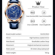 OLEVS Original Men's Automatic Mechanical Watch Fashion Business Leather Strap Luxury Diamond Starry Sky Moon Phase Men's Watch