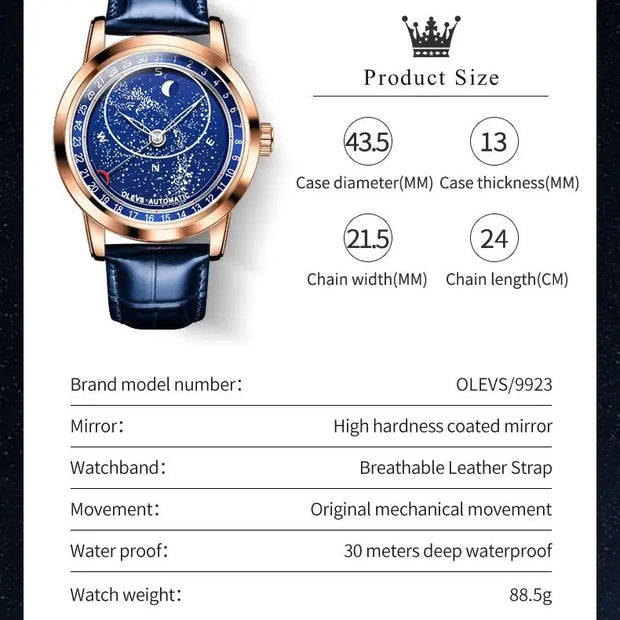 OLEVS Original Men's Automatic Mechanical Watch Fashion Business Leather Strap Luxury Diamond Starry Sky Moon Phase Men's Watch