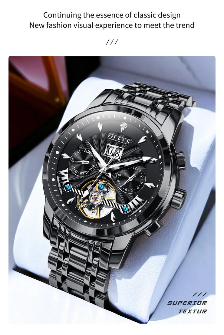 OLEVS 9965 Mens Watch Classic Hollow Out Automatic Mechanical Watch Original Movement Waterproof Luminous Calendar Year Moon