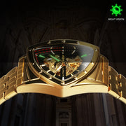 WINNER Military Triangle Skeleton Automatic Watch for Men Gold Sports Mechanical Watches Luxury Stainless Steel Strap Luminous