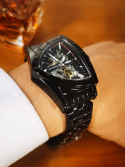 WINNER Military Triangle Skeleton Automatic Watch for Men Gold Sports Mechanical Watches Luxury Stainless Steel Strap Luminous