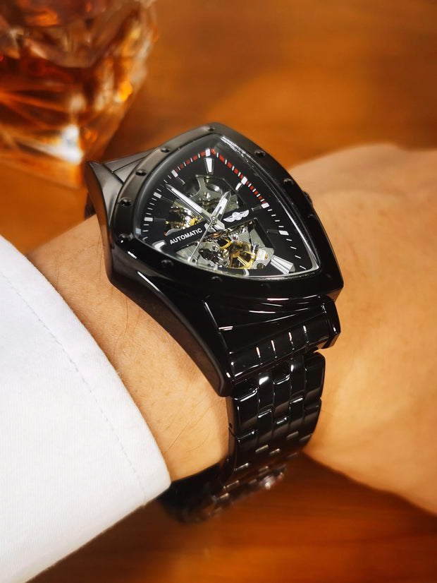 WINNER Military Triangle Skeleton Automatic Watch for Men Gold Sports Mechanical Watches Luxury Stainless Steel Strap Luminous