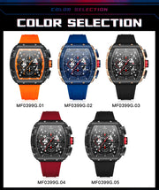 MINI FOCUS Chronograph Quartz Watch for Men Tonneau Dial Military Sport Wristwatch Male with Orange Silicone Strap Auto Date