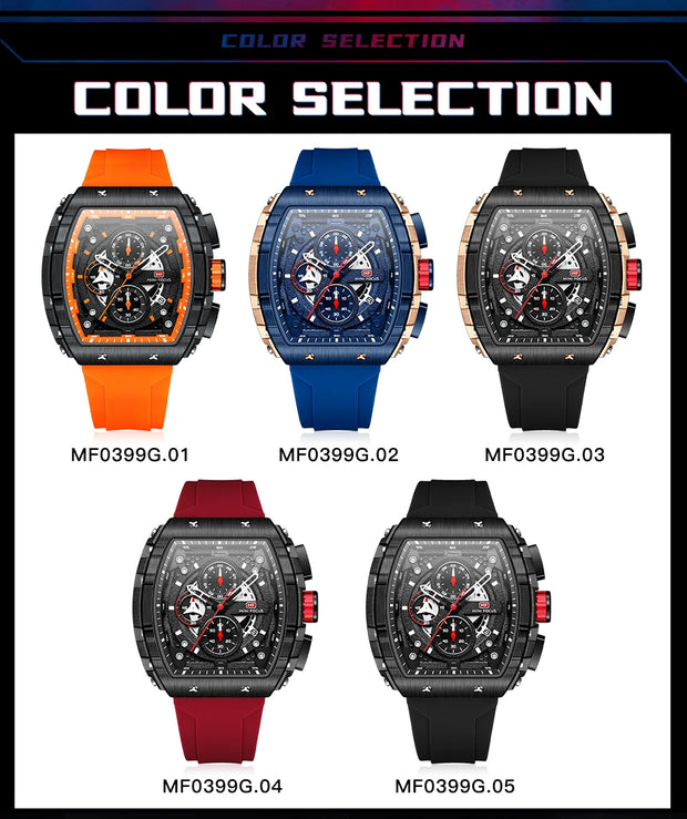 MINI FOCUS Chronograph Quartz Watch for Men Tonneau Dial Military Sport Wristwatch Male with Orange Silicone Strap Auto Date