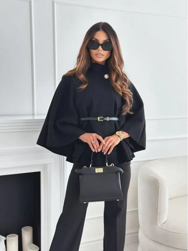 Elegant Solid Cape Fashion Office Lady Button Half Turtleneck Bat Sleeve Belt Coat Autumn Commuting Woolen Women Clothing