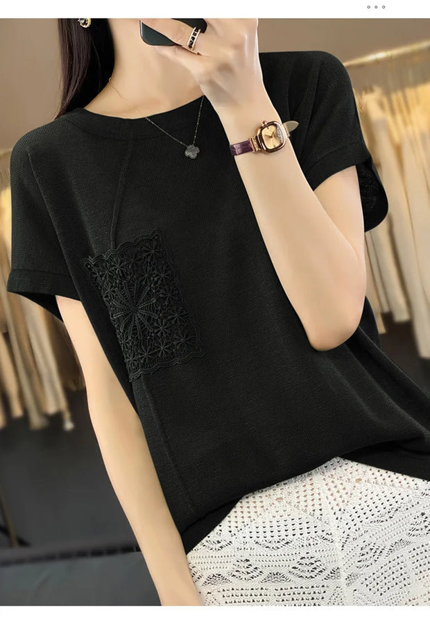 Women's T-shirt Spring/Summer Worsted Cotton Knitwear Casual Solid Color Ladies' Tops Loose Round Neck Blouse Pullover Tees