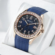 OBLVLO Trend Luxury Rose Gold Diamond Date Mechanical Automatic Watches For Men Blue Silicone Strap Waterproof Sport Watch FM-SL