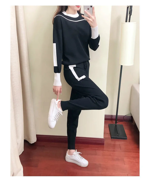 Winter Women Knitted 2 Pieces Set Muslim Casual Thicken Pullover Sweater +Knitted Pant 2PCS Suits Outfit Sport Warm Set 2024