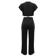 Women Casual Round Neck Drawstring Short Sleeve Top & High Waist Pants Set Summer Solid Two Piece Suit Sets Outfits Set Female
