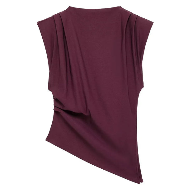 TRAF New Womens Tops Sleeveless Red Black Blouse Woman Summer Ruched Asymmetrical Top Women Slim Fit Brown Stylish Women's Top