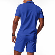 Men's Summer Sports Solid-Color Set, Quarter-Zipper Set, 2-Piece Beach Vacation Set, Men's Fashionable Casual Workwear Set.