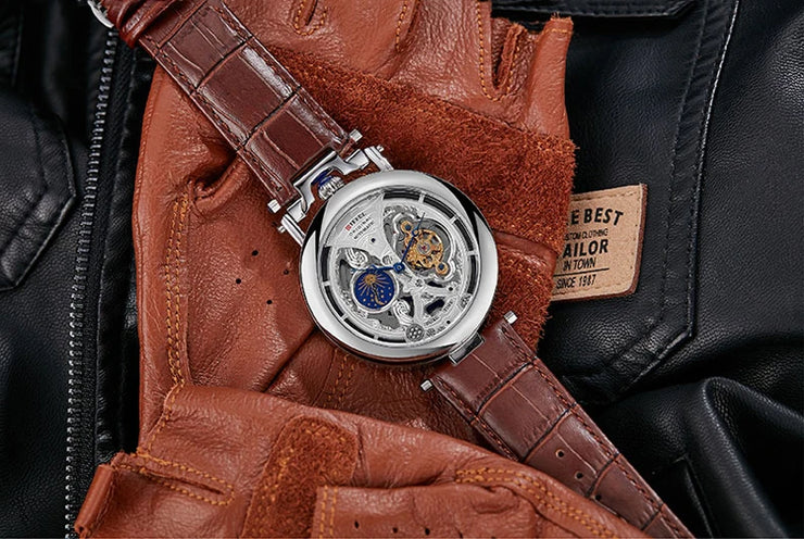 New Fashion Hollow Automatic Mechanical Watches Men Business Casual Leather Skeleton Tourbillon Wrist Watch Relogio Masculino