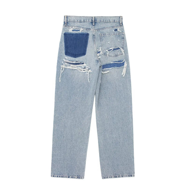 TRAFZA Jeans For Women 2024 Denim Solid Loose Zipper Fly Female Hole Trouser Pockets Wild Basic Commute Woman Wide Leg Long Pant