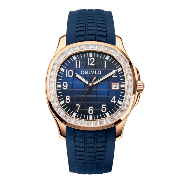 OBLVLO Trend Luxury Rose Gold Diamond Date Mechanical Automatic Watches For Men Blue Silicone Strap Waterproof Sport Watch FM-SL