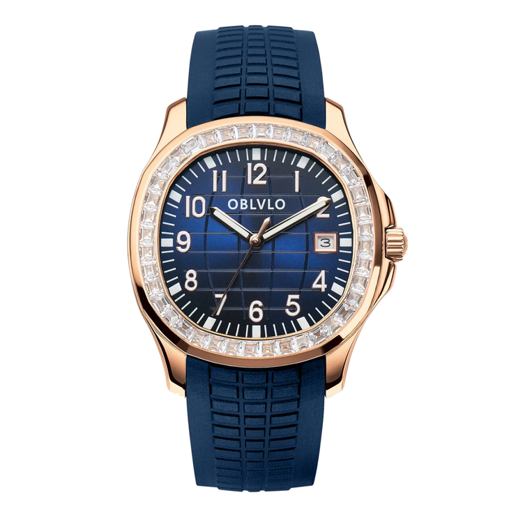 OBLVLO Trend Luxury Rose Gold Diamond Date Mechanical Automatic Watches For Men Blue Silicone Strap Waterproof Sport Watch FM-SL