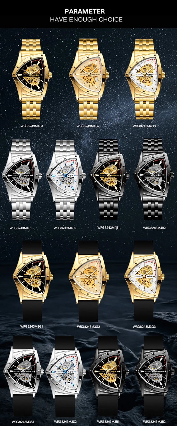 Winner Military Triangle Steel Skeleton Automatic Movement Man Watch Sports Mechanical Watches Luxury Waterproof Silicone Strap