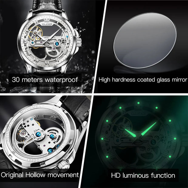 OLEVS 6661 Fully Hollow Automatic Man Watch Fashion Leather Strap Waterproof Luminous Hand Clock Men's Mechanical Wristwatches