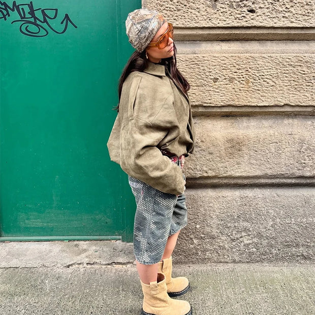 Street Women's Suede Bomber Jacket Fashion Lapel Zipper Full Sleeve Female Coats 2025 Spring Lady Casual Commute Vintage Outwear