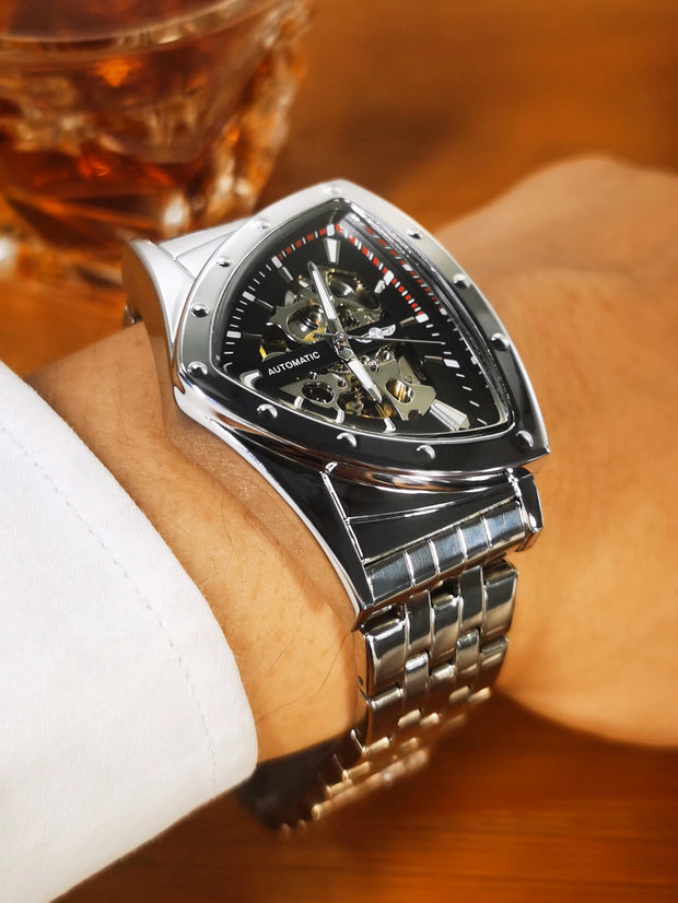 WINNER Military Triangle Skeleton Automatic Watch for Men Gold Sports Mechanical Watches Luxury Stainless Steel Strap Luminous