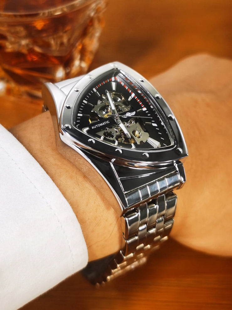 WINNER Military Triangle Skeleton Automatic Watch for Men Gold Sports Mechanical Watches Luxury Stainless Steel Strap Luminous