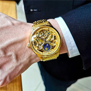 Gold  Vintage Moon Phase Automatic Watch for Men Tourbillon Skeleton Luminous Hands Luxury Brand Mechanical Watches Steel Strap