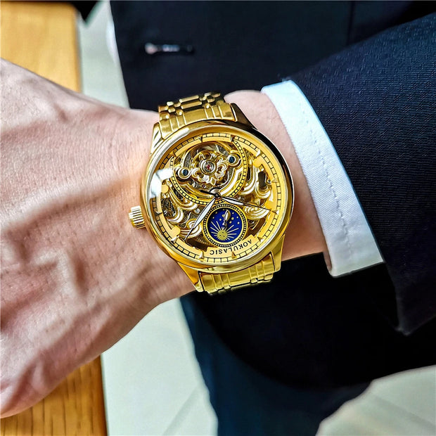 Gold  Vintage Moon Phase Automatic Watch for Men Tourbillon Skeleton Luminous Hands Luxury Brand Mechanical Watches Steel Strap