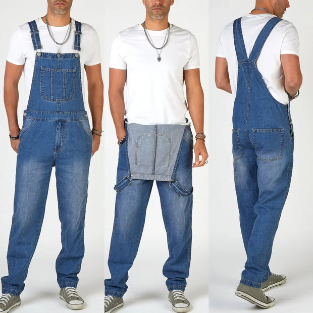 Men's Denim Bib Pants Washed Full Length Jumpsuits Hip Hop Straight Jeans Overalls for Men Streetwear New Male Jumpsuit