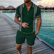 Men's Summer suit  Polo Tracksuit Set  Men Short Sleeve Zipper Polo t-Shirt and Shorts Set  2 Piece Suit  for boy with shorts