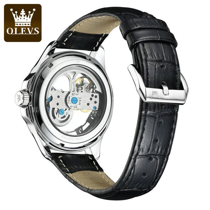 OLEVS 6661 Fully Hollow Automatic Man Watch Fashion Leather Strap Waterproof Luminous Hand Clock Men's Mechanical Wristwatches