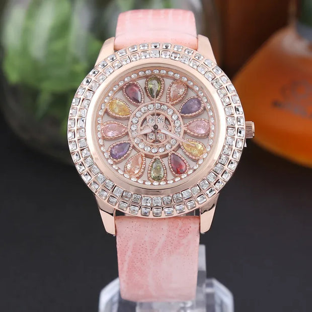 Korean Ladies Watch Colorful Rhinestones Dashi Dial Quartz Watch Casual Leather Ladies Clock Gift Relogio Feminino