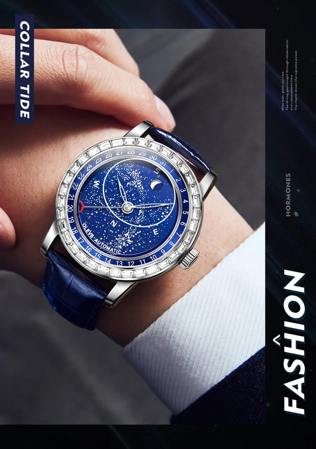 OLEVS Original Men's Automatic Mechanical Watch Fashion Business Leather Strap Luxury Diamond Starry Sky Moon Phase Men's Watch