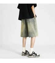 Men's denim shorts, men's 2025 summer thin style retro loose American fashion brand casual five inch mid length pants