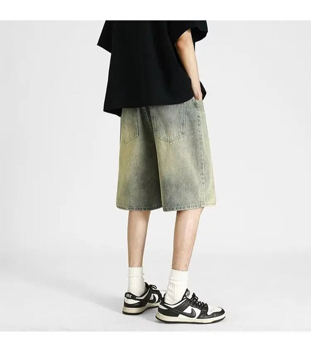 Men's denim shorts, men's 2025 summer thin style retro loose American fashion brand casual five inch mid length pants