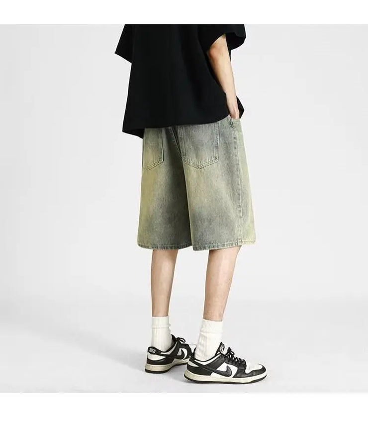 Men's denim shorts, men's 2025 summer thin style retro loose American fashion brand casual five inch mid length pants