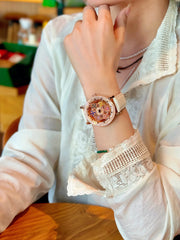 1 Upgraded Version of the Bright Eye-Catching Fashionable Luxury Women's Watch Inlaid with Colorful Rhinestone Quartz Watch, Equipped with Charming Rotating Colorful Snowflake Dial, Stainless Steel Case, Durable Leather Strap