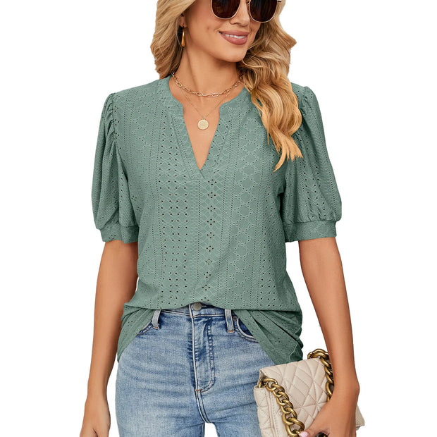Womens Tops V Neck Ruffle Sleeve Blouses Short Sleeve Casual Tops T-Shirts for Women Autumn Winter