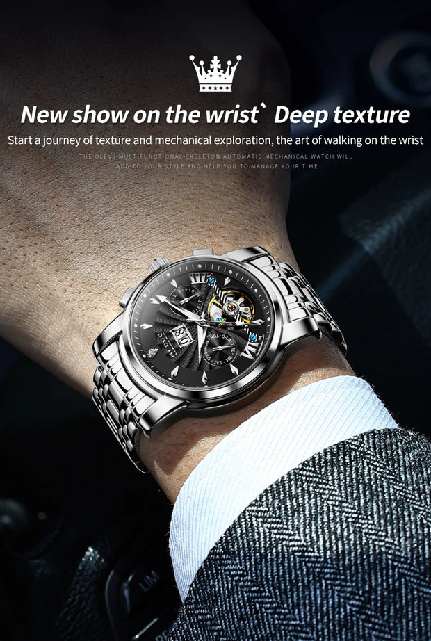 OLEVS 9965 Mens Watch Classic Hollow Out Automatic Mechanical Watch Original Movement Waterproof Luminous Calendar Year Moon